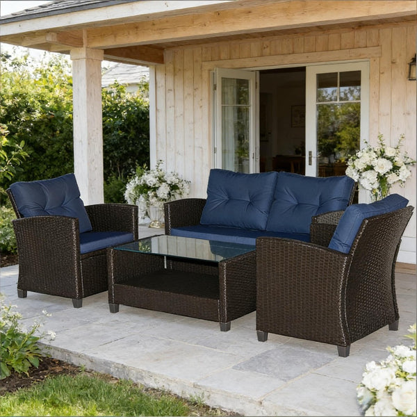 English Elm Garden Pe Wicker Outdoor Conversation Set with Tufted Cushions and Tempered Glass Table T3971S00136