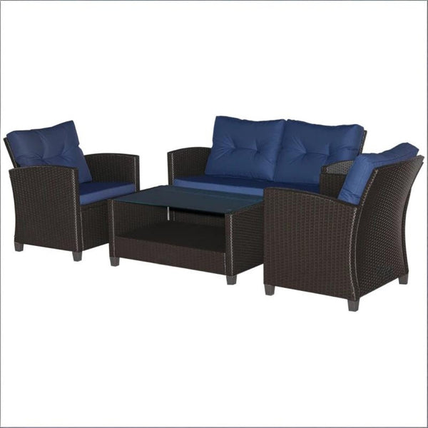 English Elm Garden Pe Wicker Outdoor Conversation Set with Tufted Cushions and Tempered Glass Table T3971S00136