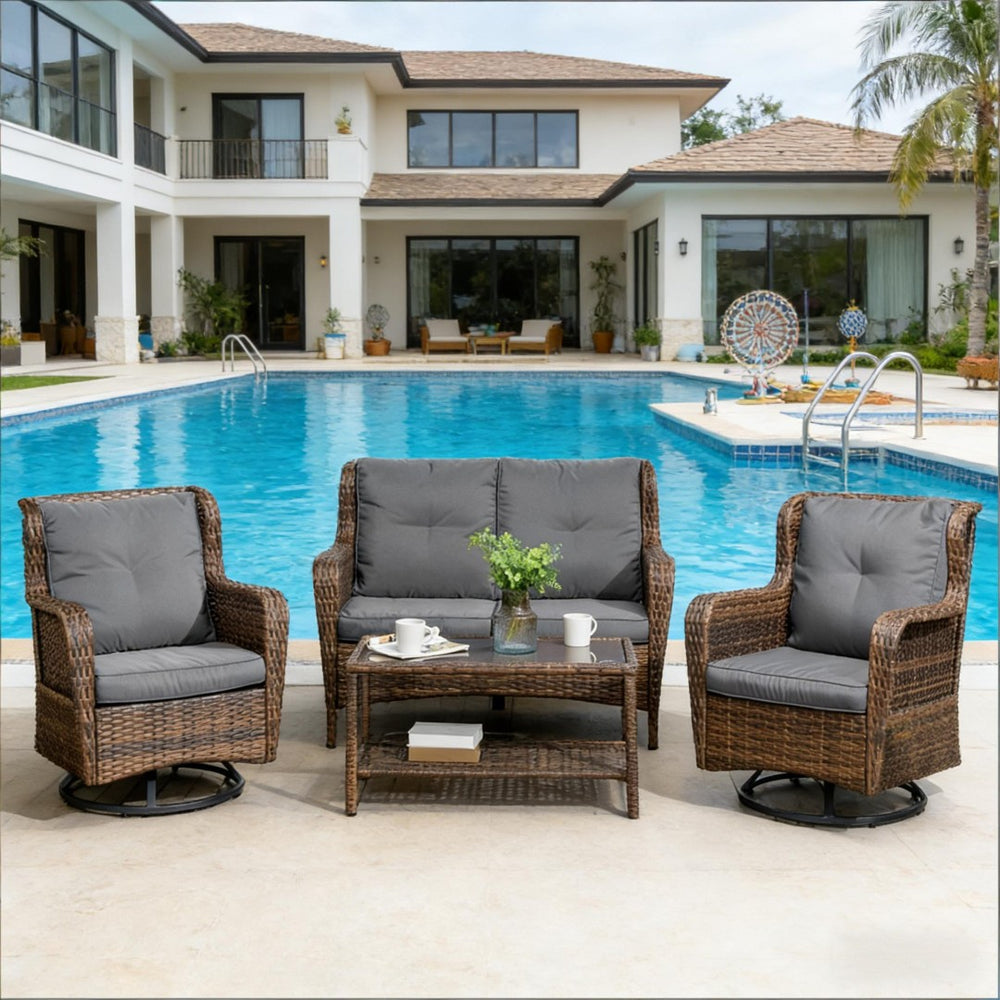 English Elm Poolside Outdoor Wicker Conversation Set with Swivel Glider Chairs and Glass Coffee Table T3971S00139