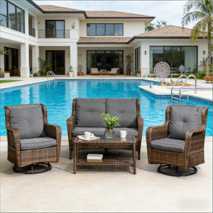 English Elm Poolside Outdoor Wicker Conversation Set with Swivel Glider Chairs and Glass Coffee Table T3971S00139