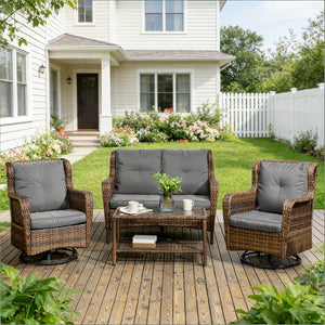 English Elm Poolside Outdoor Wicker Conversation Set with Swivel Glider Chairs and Glass Coffee Table T3971S00139