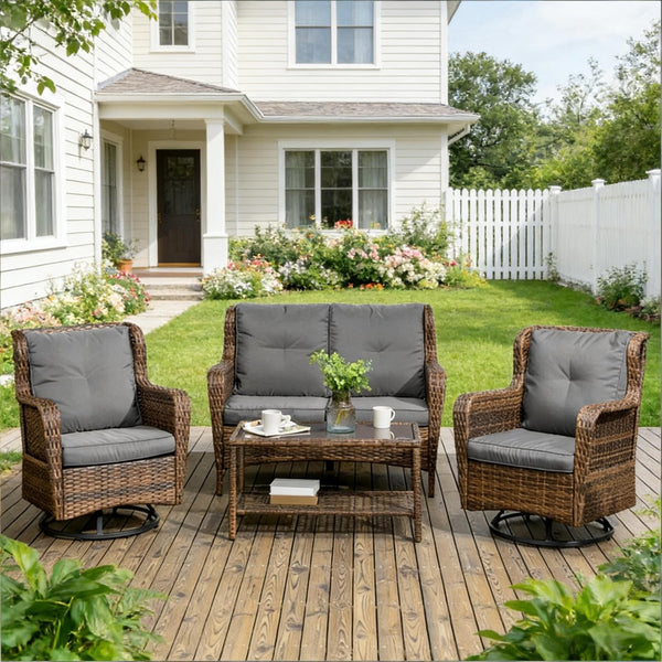 English Elm Poolside Outdoor Wicker Conversation Set with Swivel Glider Chairs and Glass Coffee Table T3971S00139