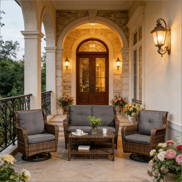 English Elm Poolside Outdoor Wicker Conversation Set with Swivel Glider Chairs and Glass Coffee Table T3971S00139