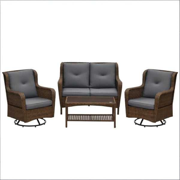 English Elm Poolside Outdoor Wicker Conversation Set with Swivel Glider Chairs and Glass Coffee Table T3971S00139