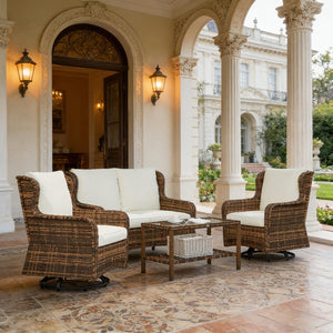 English Elm Garden PE Rattan Outdoor Conversation Set with Swivel Chairs Loveseat and Glass Table T3971S00144