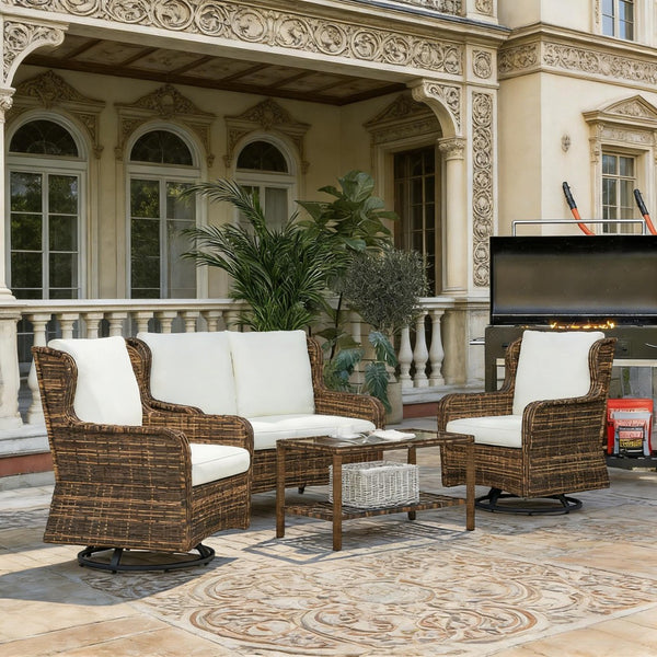 English Elm Garden PE Rattan Outdoor Conversation Set with Swivel Chairs Loveseat and Glass Table T3971S00144