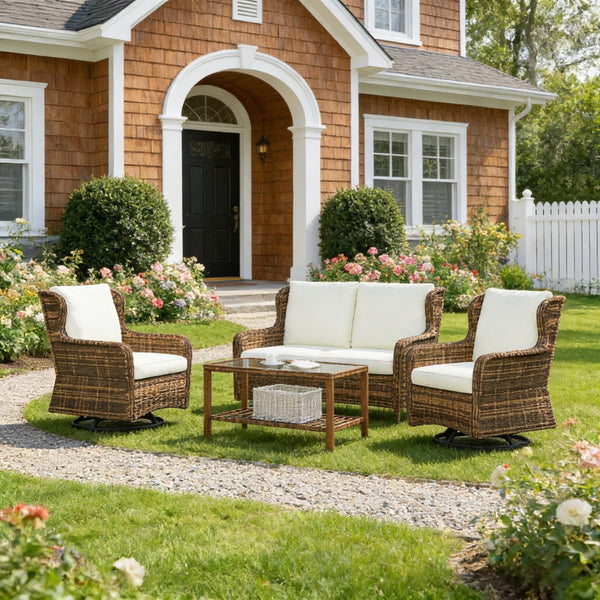 English Elm Garden PE Rattan Outdoor Conversation Set with Swivel Chairs Loveseat and Glass Table T3971S00144