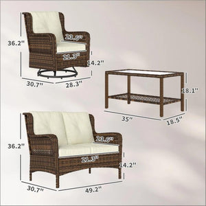 English Elm Garden PE Rattan Outdoor Conversation Set with Swivel Chairs Loveseat and Glass Table T3971S00144