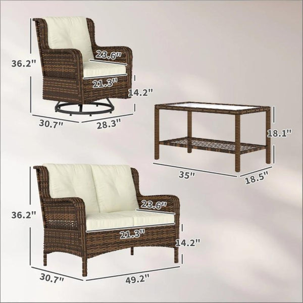 English Elm Garden PE Rattan Outdoor Conversation Set with Swivel Chairs Loveseat and Glass Table T3971S00144