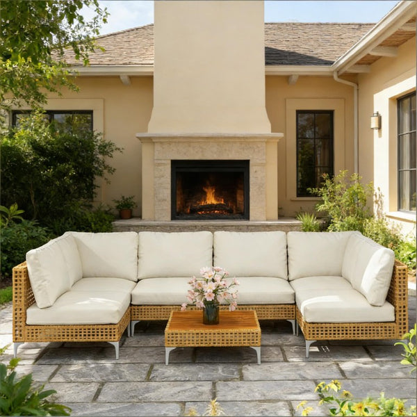 English Elm Outdoor Modular Wicker Sectional 7 Piece PE Rattan Patio Set with Acacia Table T3971S00147