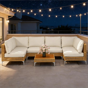 English Elm Outdoor Modular Wicker Sectional 7 Piece PE Rattan Patio Set with Acacia Table T3971S00147