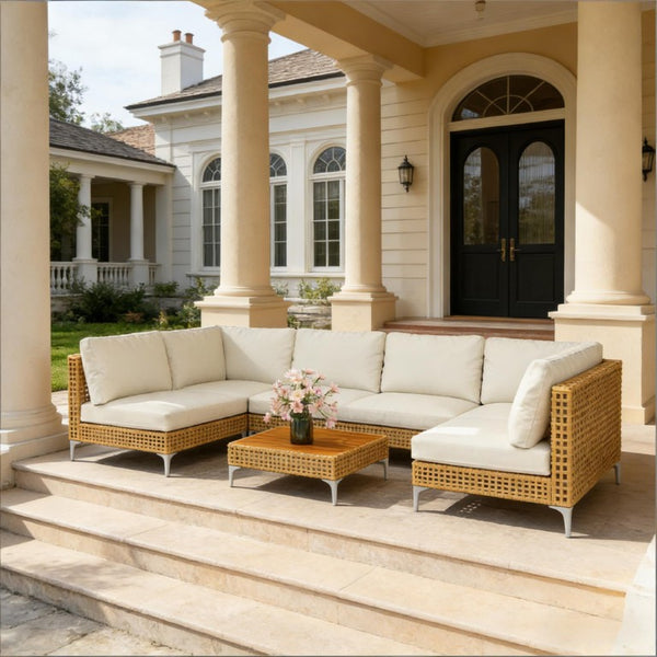 English Elm Outdoor Modular Wicker Sectional 7 Piece PE Rattan Patio Set with Acacia Table T3971S00147