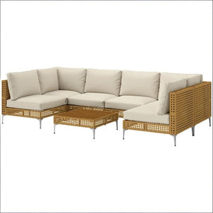 English Elm Outdoor Modular Wicker Sectional 7 Piece PE Rattan Patio Set with Acacia Table T3971S00147