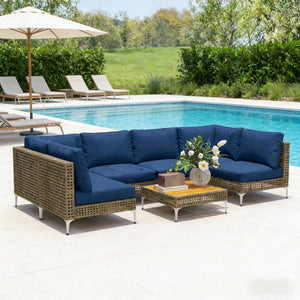 English Elm Modular Outdoor Sectional 7 Piece Pe Rattan Patio Set with Acacia Wood Table T3971S00149