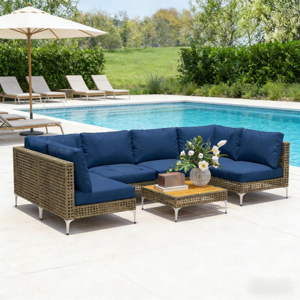 English Elm Modular Outdoor Sectional 7 Piece Pe Rattan Patio Set with Acacia Wood Table T3971S00149