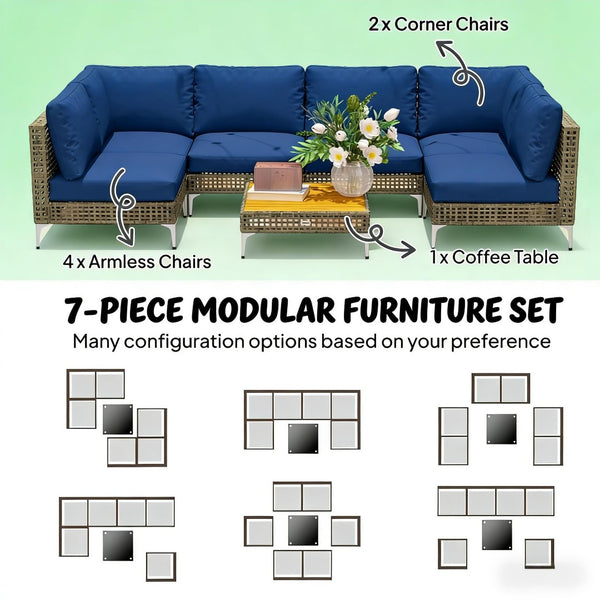 English Elm Modular Outdoor Sectional 7 Piece Pe Rattan Patio Set with Acacia Wood Table T3971S00149