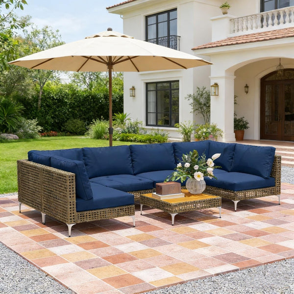 English Elm Modular Outdoor Sectional 7 Piece Pe Rattan Patio Set with Acacia Wood Table T3971S00149