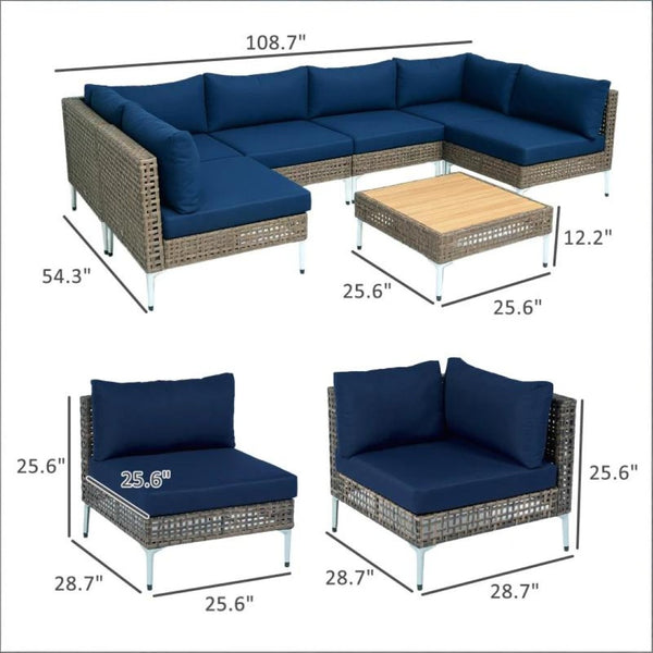 English Elm Modular Outdoor Sectional 7 Piece Pe Rattan Patio Set with Acacia Wood Table T3971S00149
