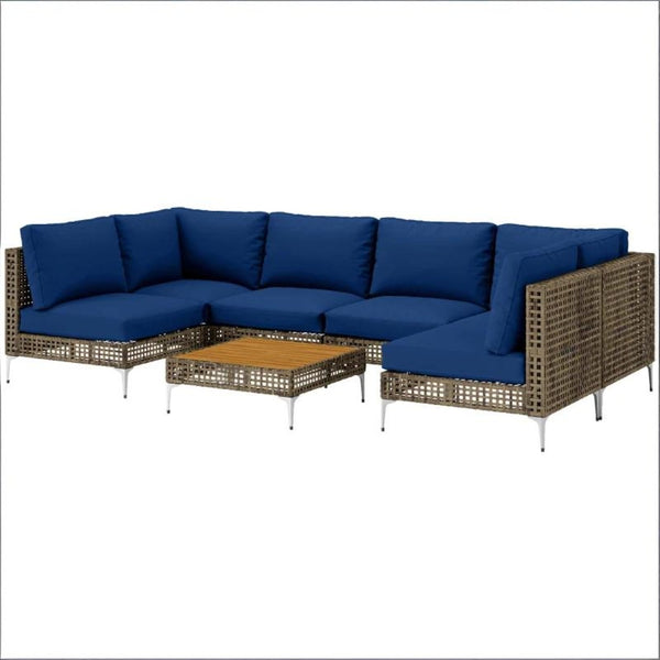 English Elm Modular Outdoor Sectional 7 Piece Pe Rattan Patio Set with Acacia Wood Table T3971S00149