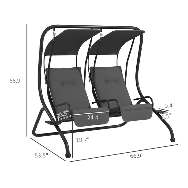 English Elm 2-seater Freestanding Porch Swing Set with Uv Canopy and Steel Frame for Patios T3971S00262