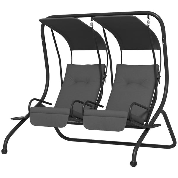 English Elm 2-seater Freestanding Porch Swing Set with Uv Canopy and Steel Frame for Patios T3971S00262