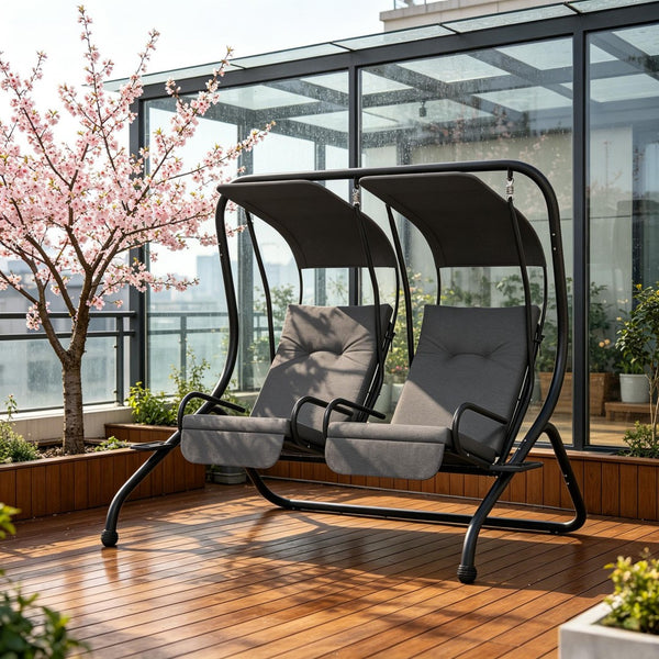 English Elm 2-seater Freestanding Porch Swing Set with Uv Canopy and Steel Frame for Patios T3971S00262
