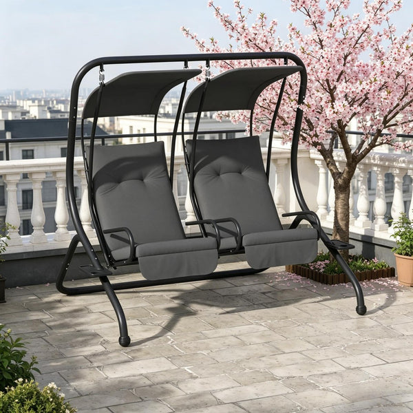 English Elm 2-seater Freestanding Porch Swing Set with Uv Canopy and Steel Frame for Patios T3971S00262