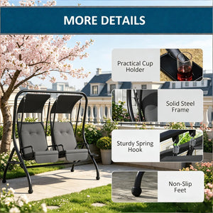 English Elm 2-seater Freestanding Porch Swing Set with Uv Canopy and Steel Frame for Patios T3971S00262