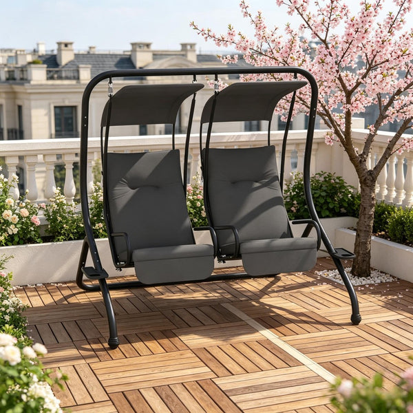 English Elm 2-seater Freestanding Porch Swing Set with Uv Canopy and Steel Frame for Patios T3971S00262