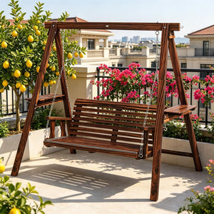 English Elm 2-Seat Outdoor Porch Swing with Fir Wood Frame Side Tables and Adjustable Chains T3971S00263