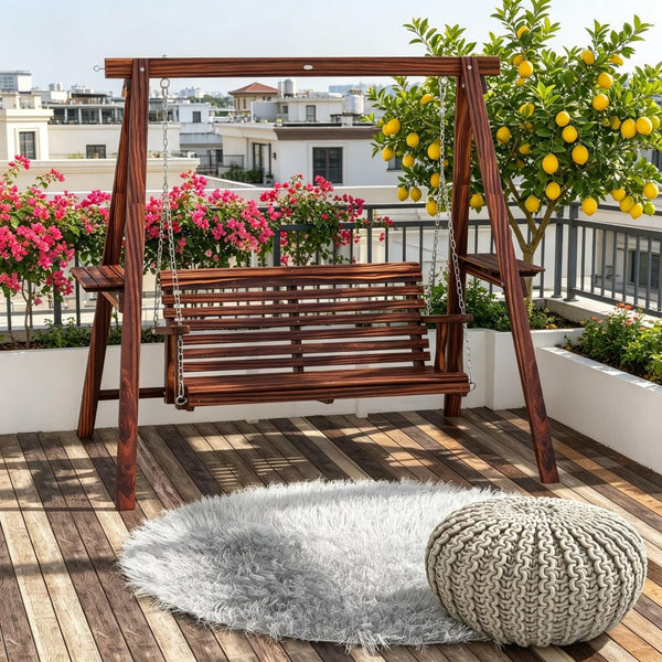 English Elm 2-Seat Outdoor Porch Swing with Fir Wood Frame Side Tables and Adjustable Chains T3971S00263