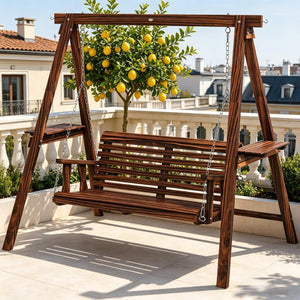 English Elm 2-Seat Outdoor Porch Swing with Fir Wood Frame Side Tables and Adjustable Chains T3971S00263