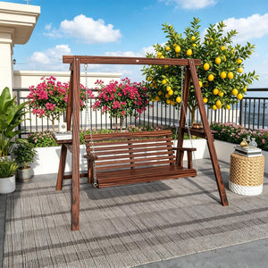English Elm 2-Seat Outdoor Porch Swing with Fir Wood Frame Side Tables and Adjustable Chains T3971S00263