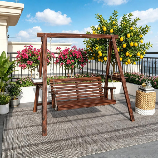 English Elm 2-Seat Outdoor Porch Swing with Fir Wood Frame Side Tables and Adjustable Chains T3971S00263