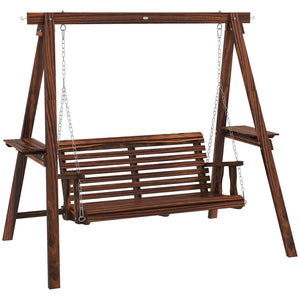 English Elm 2-Seat Outdoor Porch Swing with Fir Wood Frame Side Tables and Adjustable Chains T3971S00263