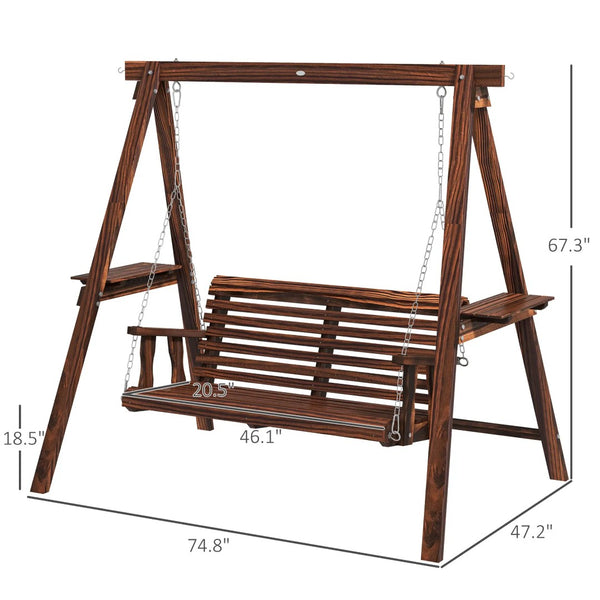 English Elm 2-Seat Outdoor Porch Swing with Fir Wood Frame Side Tables and Adjustable Chains T3971S00263