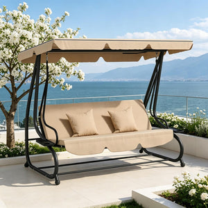 English Elm Free Standing Porch Swing Daybed with Adjustable Canopy Cushioned Outdoor Lounge T3971S00264