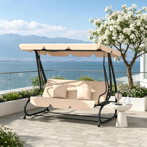 English Elm Free Standing Porch Swing Daybed with Adjustable Canopy Cushioned Outdoor Lounge T3971S00264