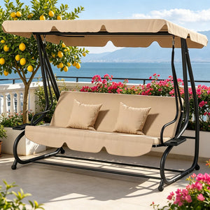 English Elm Free Standing Porch Swing Daybed with Adjustable Canopy Cushioned Outdoor Lounge T3971S00264
