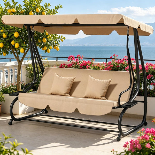 English Elm Free Standing Porch Swing Daybed with Adjustable Canopy Cushioned Outdoor Lounge T3971S00264