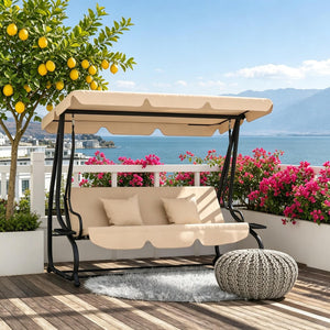 English Elm Free Standing Porch Swing Daybed with Adjustable Canopy Cushioned Outdoor Lounge T3971S00264