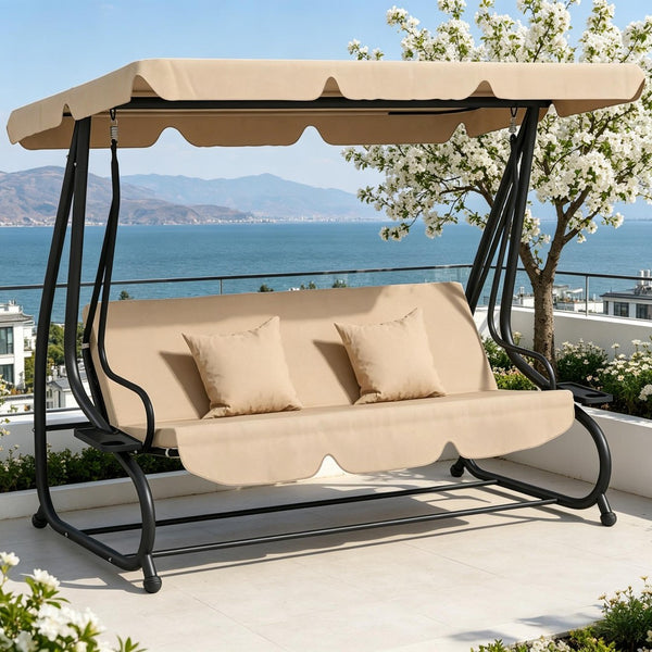 English Elm Free Standing Porch Swing Daybed with Adjustable Canopy Cushioned Outdoor Lounge T3971S00264