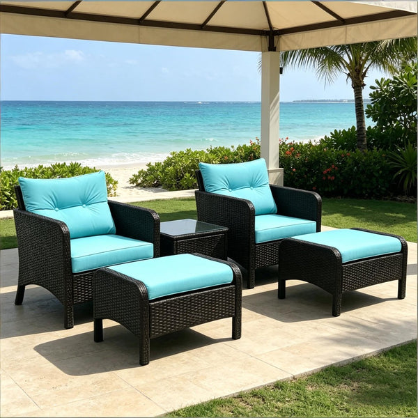 English Elm Modern Five Piece Outdoor Patio Lounge Set with PE Rattan Wicker and Tempered Glass Table T3971S00266