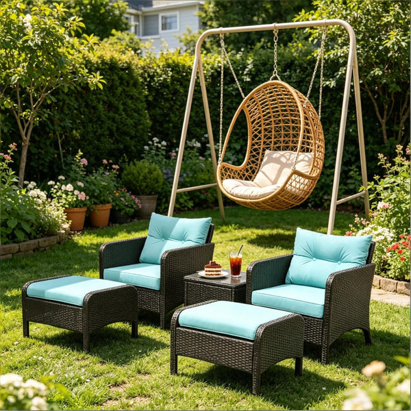 English Elm Modern Five Piece Outdoor Patio Lounge Set with PE Rattan Wicker and Tempered Glass Table T3971S00266
