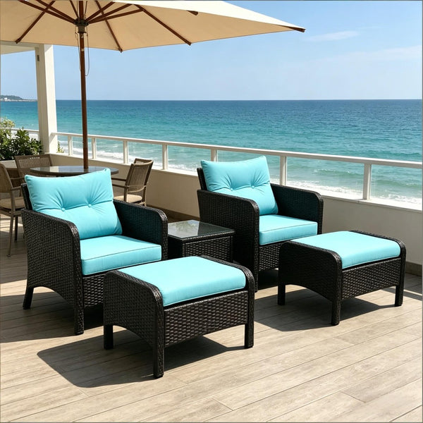 English Elm Modern Five Piece Outdoor Patio Lounge Set with PE Rattan Wicker and Tempered Glass Table T3971S00266