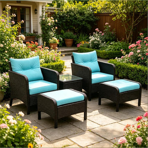 English Elm Modern Five Piece Outdoor Patio Lounge Set with PE Rattan Wicker and Tempered Glass Table T3971S00266