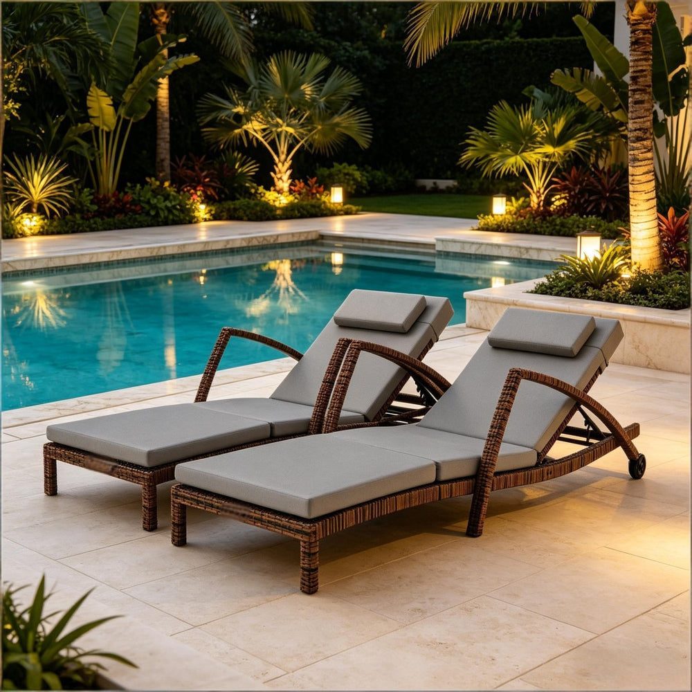 English Elm 2 Pe Rattan Wicker Outdoor Chaise Loungers with Adjustable Backrest Cushions and Wheels T3971S00272