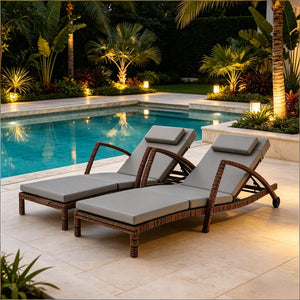 English Elm 2 Pe Rattan Wicker Outdoor Chaise Loungers with Adjustable Backrest Cushions and Wheels T3971S00272