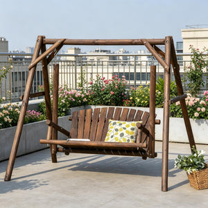 English Elm 2-seat Solid Fir Pine Log A-frame Garden Swing Bench for Outdoor Patio Relaxation T3971S00276