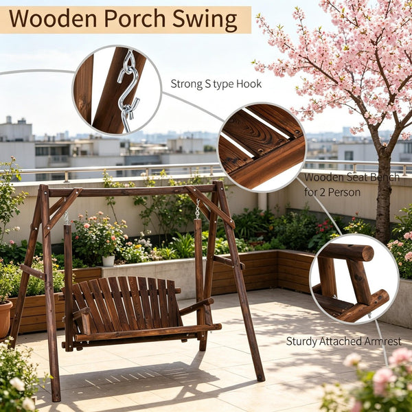 English Elm 2-seat Solid Fir Pine Log A-frame Garden Swing Bench for Outdoor Patio Relaxation T3971S00276